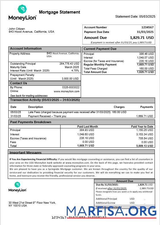 Blank USA Moneylion bank mortgage statement in Word and PDF formats example